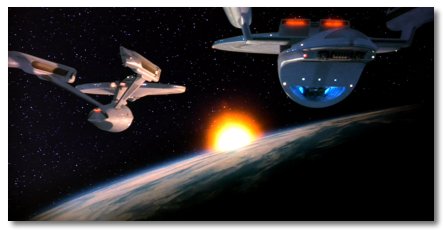 A Constitution Refit (left) keeps orbit with an Excelsior class (right) as the system's home star sets over the limb of an M-class planet. (screen capture from Star Trek VI)