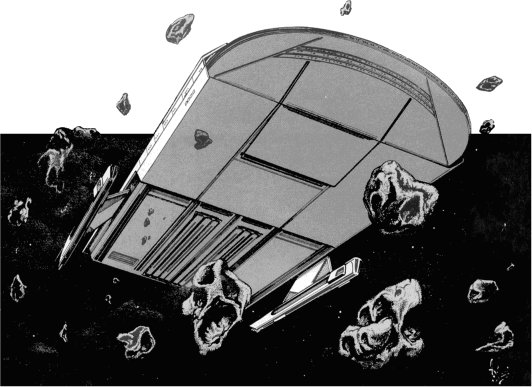An Overfield class freighter navigates the treacherous reaches of an astroid debris field; 1st Edition artwork scanned and provided by Ed McCarthy.