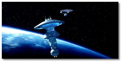 A Constitution Refit class starship departs from Spacedock; Earth's limb shining brightly in the background. (screen capture from Star Trek VI)