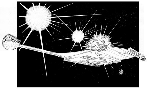 A D-11 destroyer takes substantial damage while being bombarded by a volley of enemy torpedoes; artwork scanned and submitted by Ed McCarthy.
