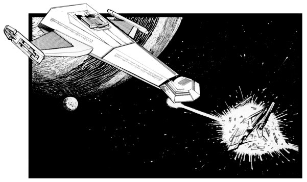 A single K-23 obliterates a smaller enemy vessel with a disruptor strike; artwork scanned and submitted by Ed McCarthy.