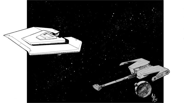 A K-26 slowly pulls away from a larger D-18 Destroyer; artwork scanned and submitted by Ed McCarthy