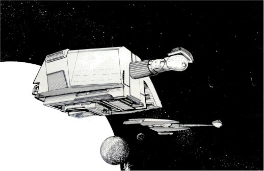 A bloated L-13 battleship cruises in formation with a smaller, sleeker D-10 cruiser; artwork scanned and submitted by Ed McCarthy.