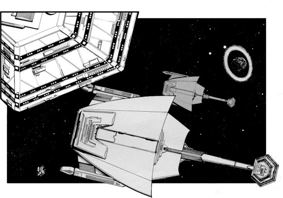 A trio of L-9 frigates patrols near a ringed glas giant; artwork scanned and submitted by Ed McCarthy